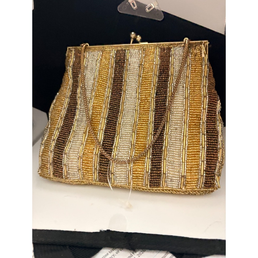 Vintage Beaded Clutch Purse with‎ Metallic and Brown Stripes